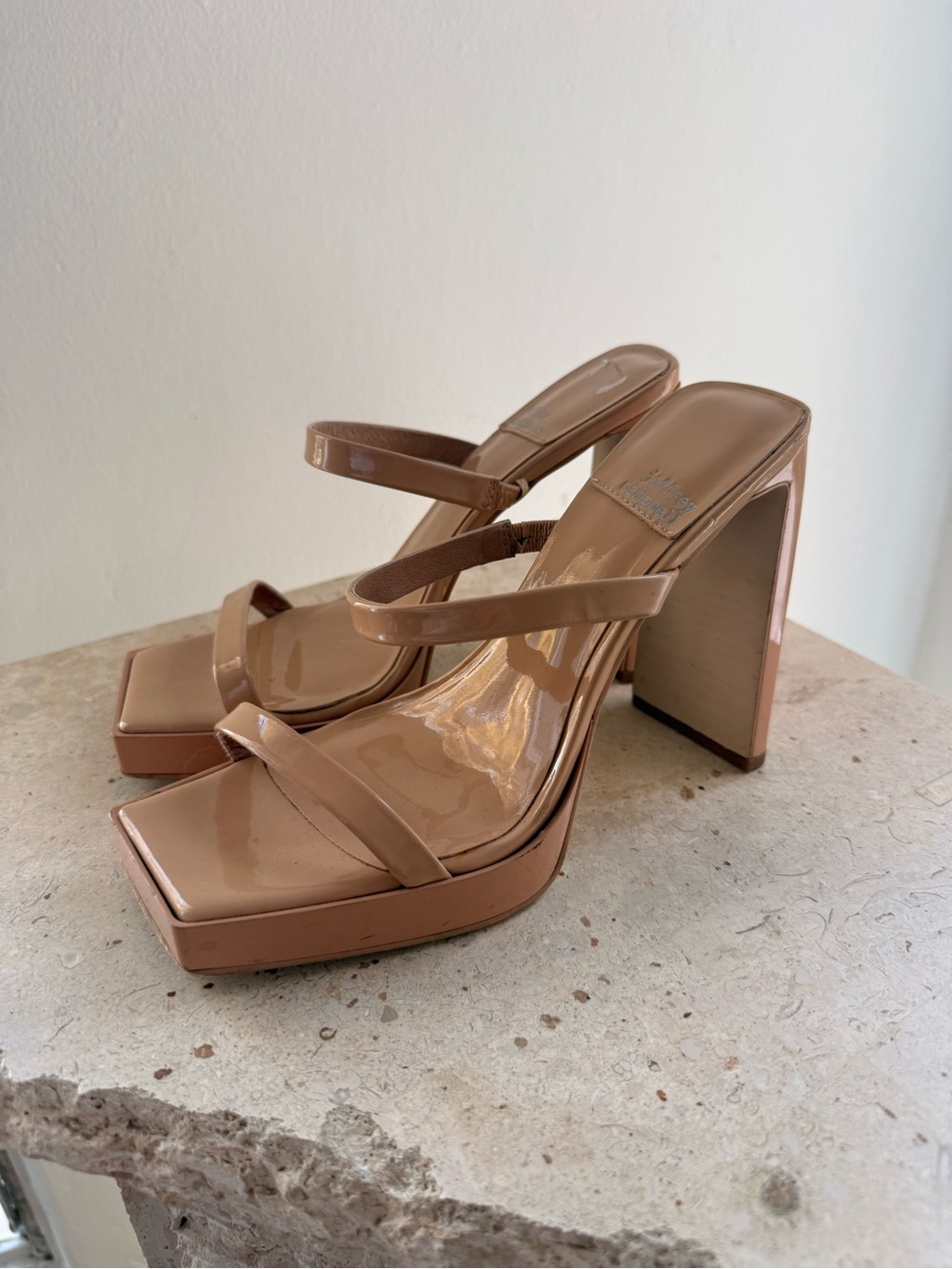 Nude Patent Square-Toe Platform Heel Sandals